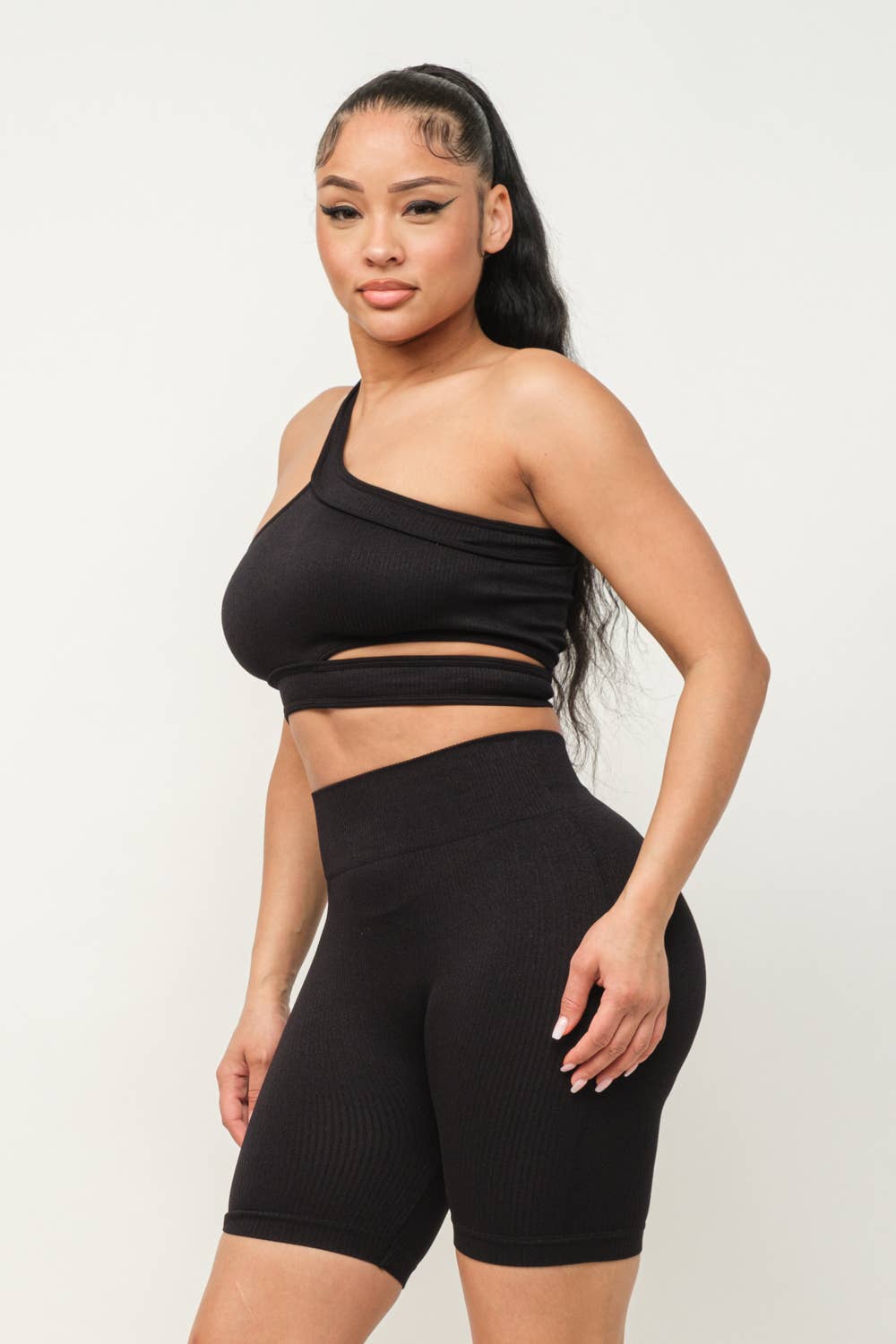 Cut Out One Shoulder Strap Top And Shorts Set: Pink