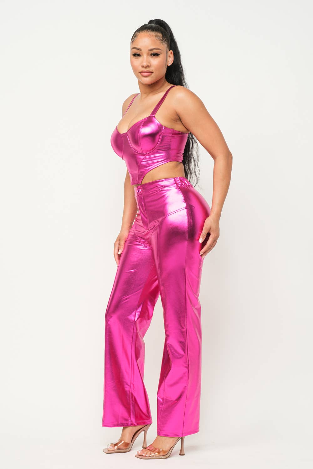 Foil Pu Corset Top And Front Button Pants Set: Fuchsia