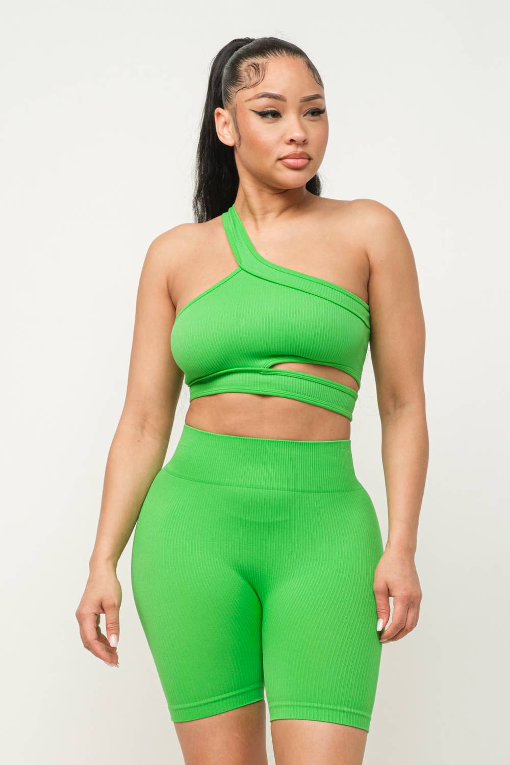 Cut Out One Shoulder Strap Top And Shorts Set: Pink