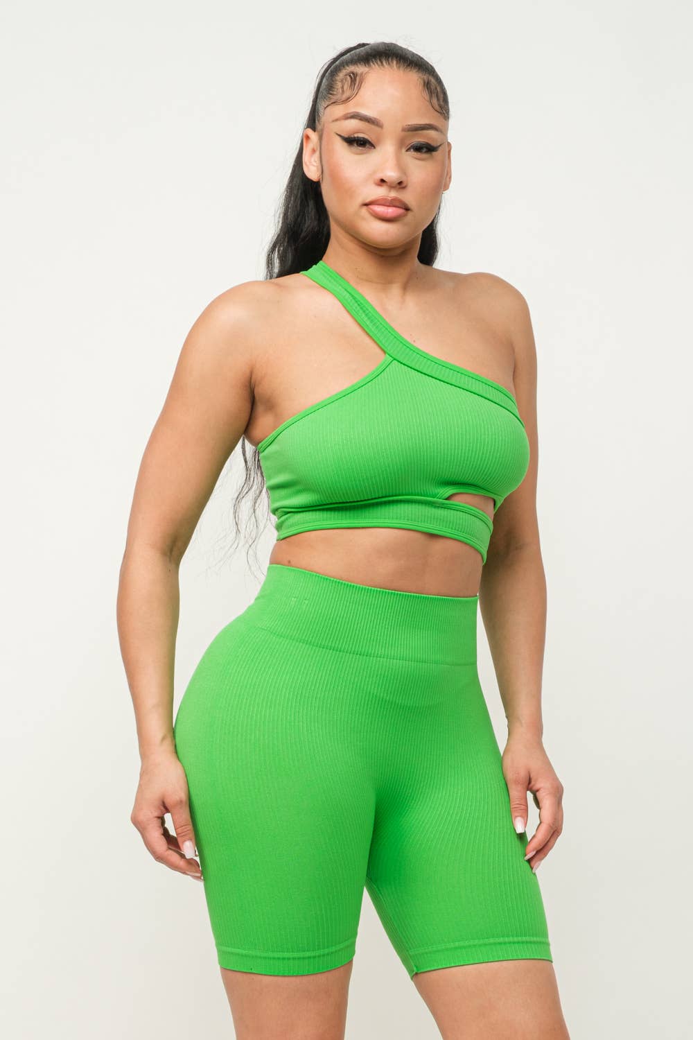 Cut Out One Shoulder Strap Top And Shorts Set: Pink