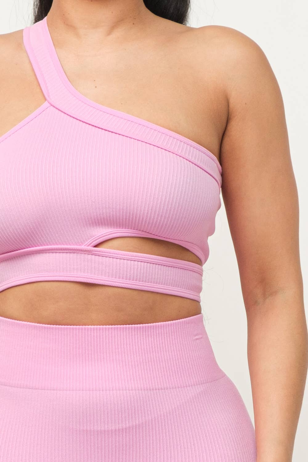 Cut Out One Shoulder Strap Top And Shorts Set: Pink