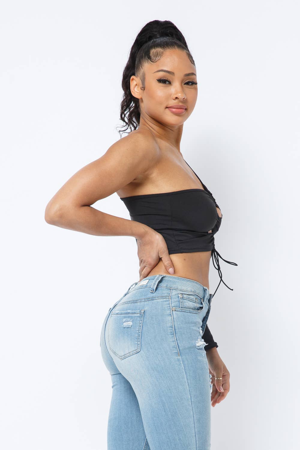 Yoga Fabric One Shoulder Front Open Tie Crop Top: Black