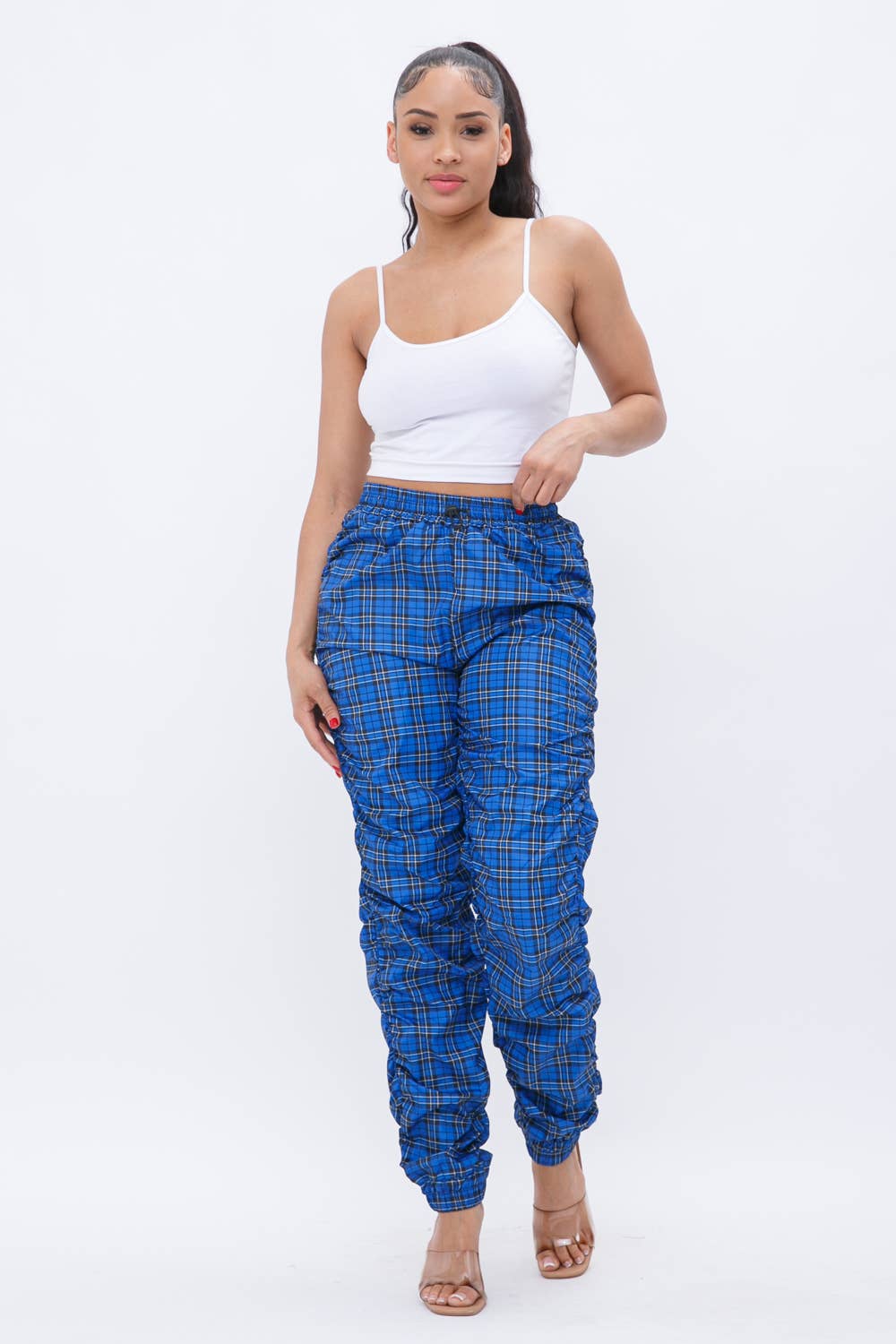 Plaid Print Wind Breaker Drawstring Shirring Jogger Pants- Green