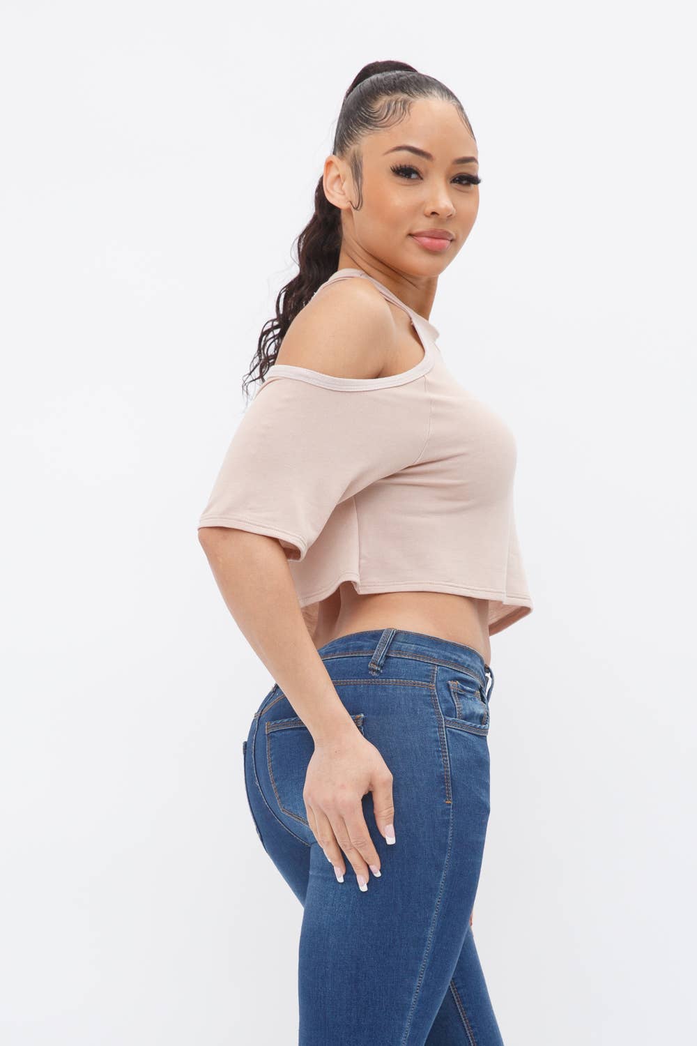French Terry Solid Shoulder Cut Out Detail Half Sleeve Top-Khaki