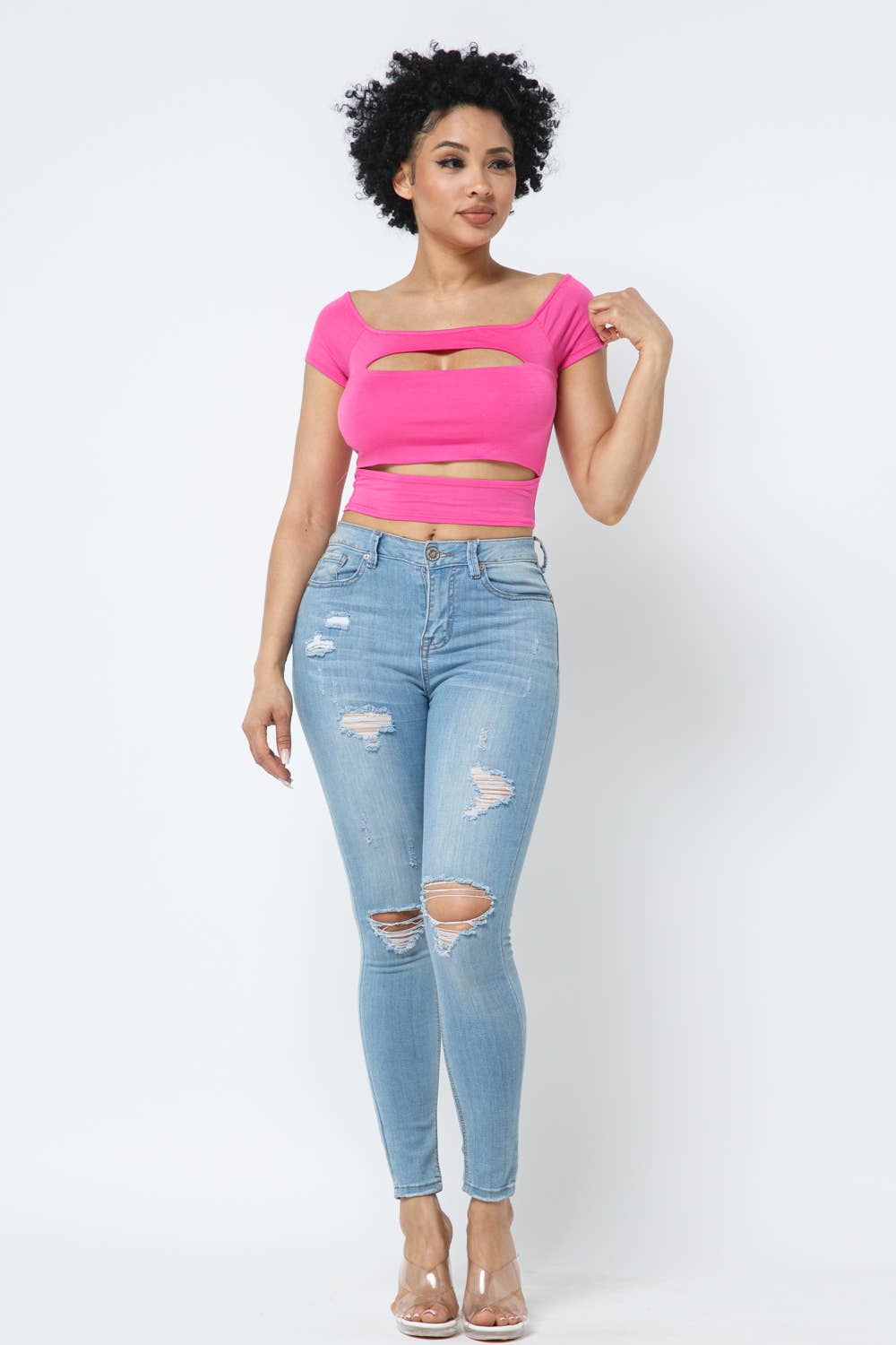 Front Cut Outs Off Shoulder Top: Pink