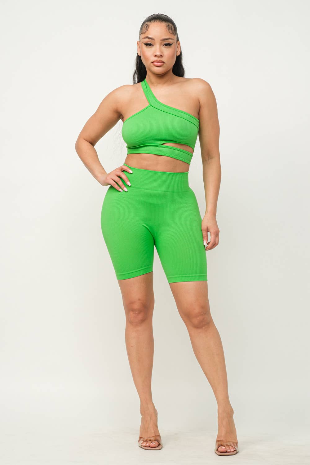 Cut Out One Shoulder Strap Top And Shorts Set: Pink