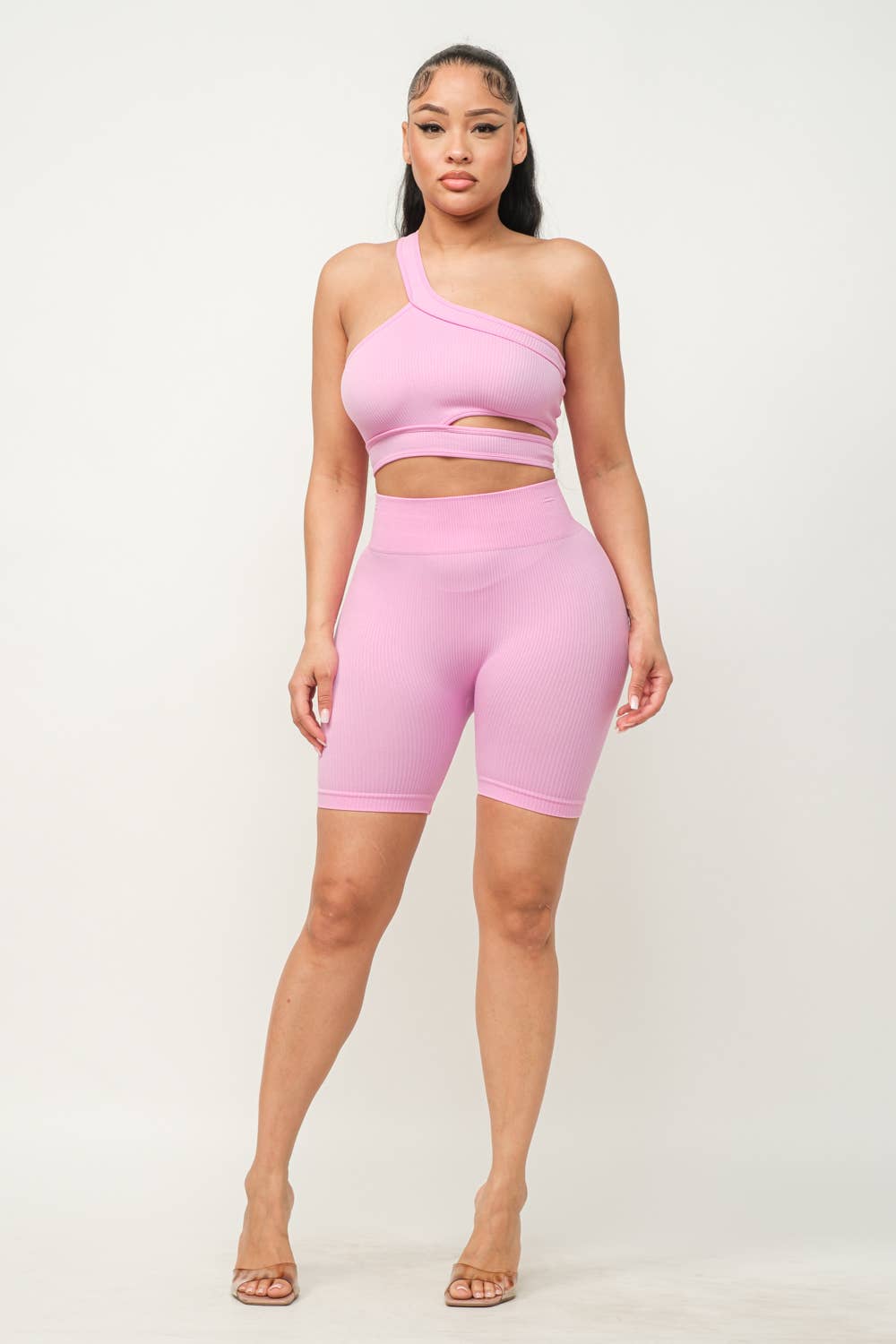 Cut Out One Shoulder Strap Top And Shorts Set: Pink