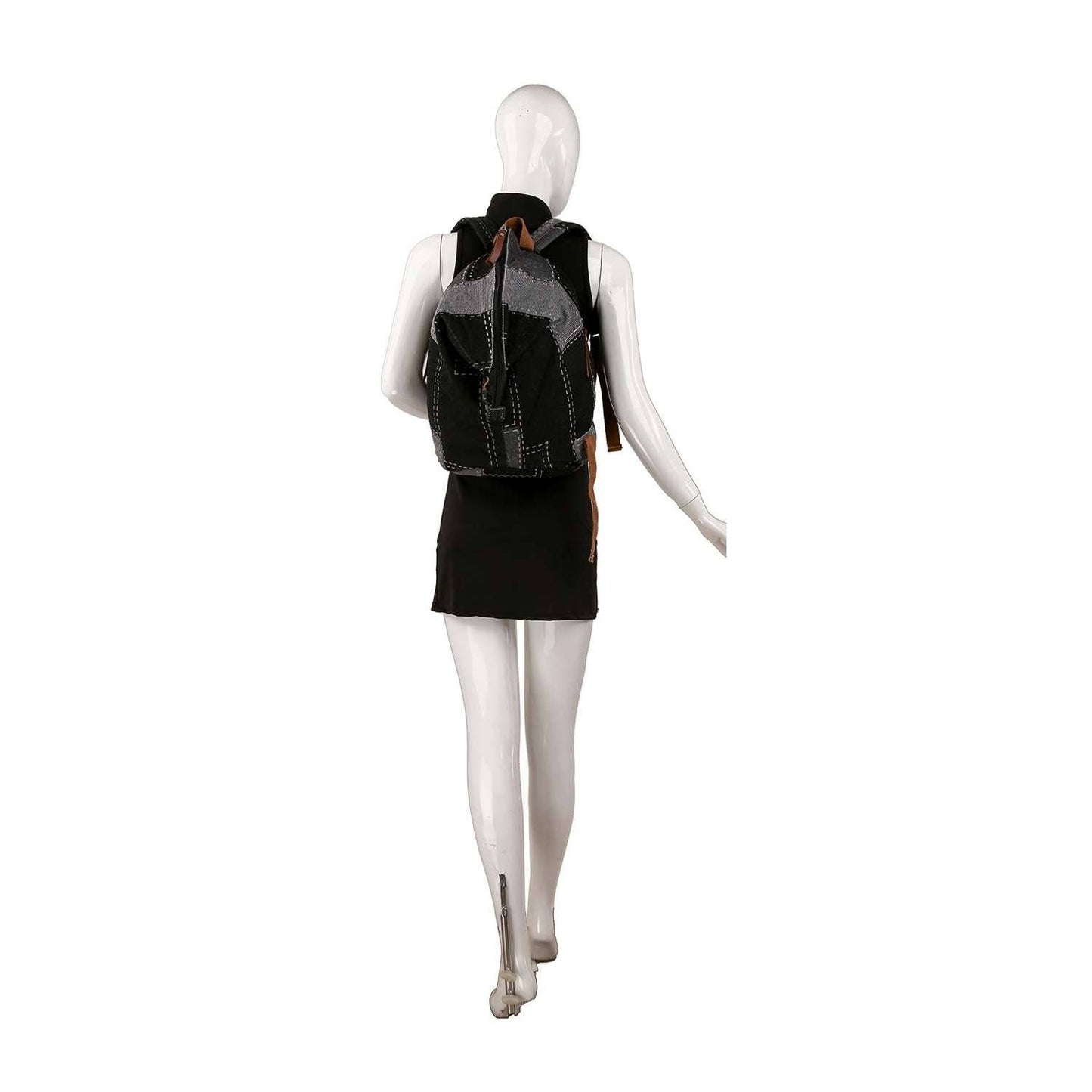 Patchwork Denim Fashion Backpack: Black