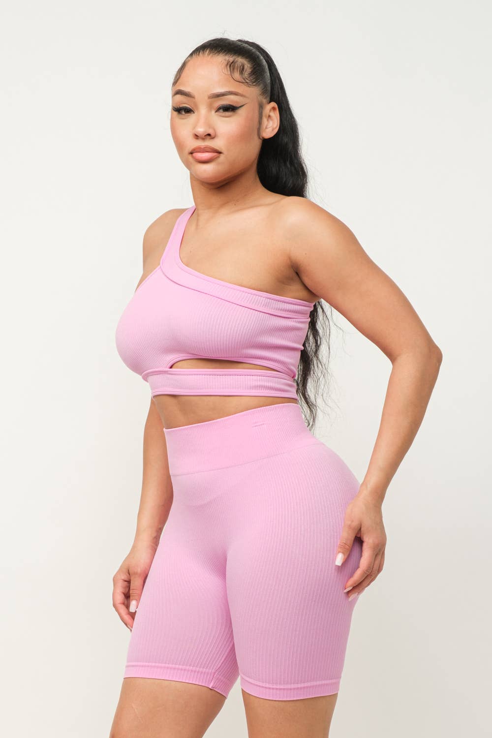 Cut Out One Shoulder Strap Top And Shorts Set: Pink
