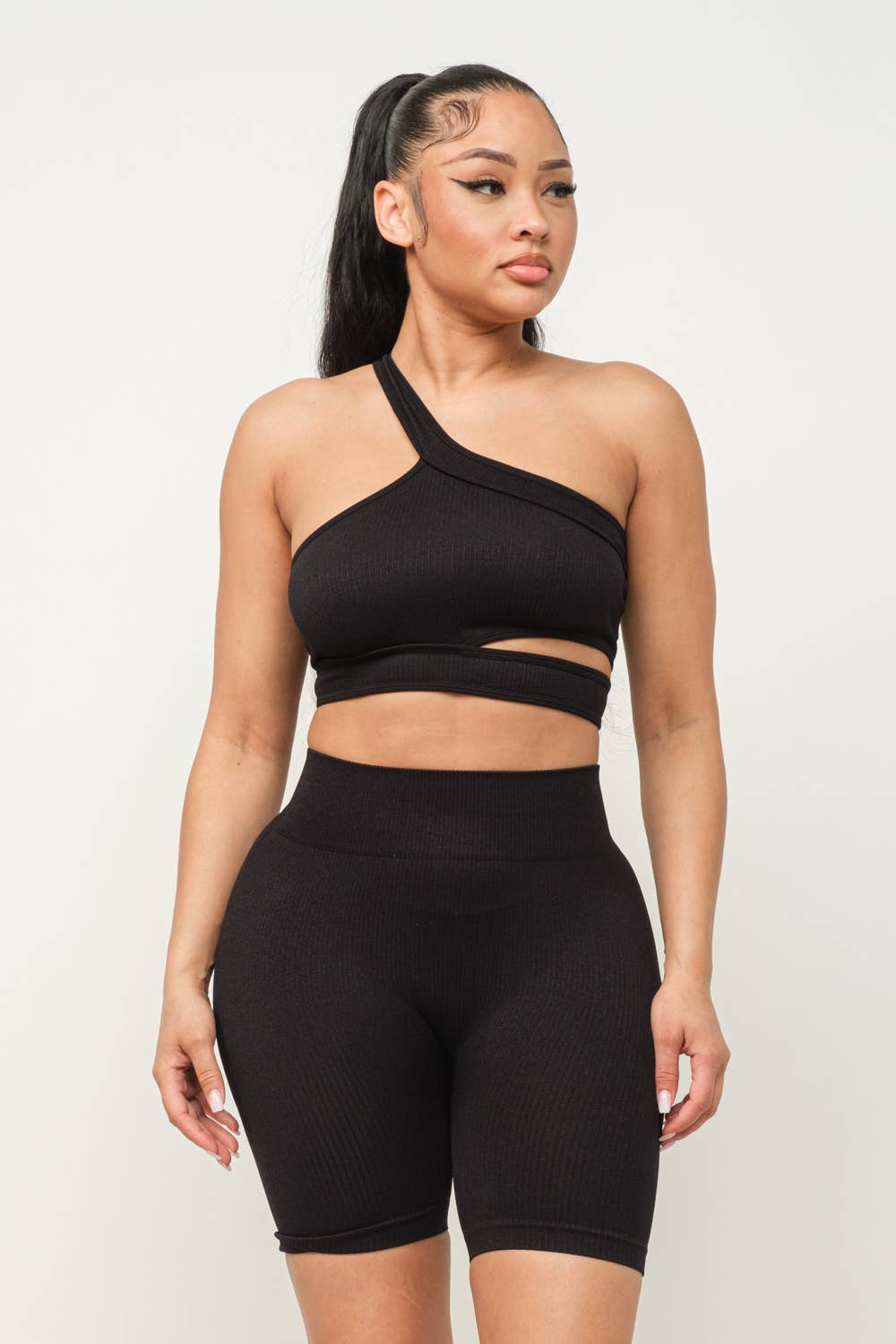 Cut Out One Shoulder Strap Top And Shorts Set: Pink