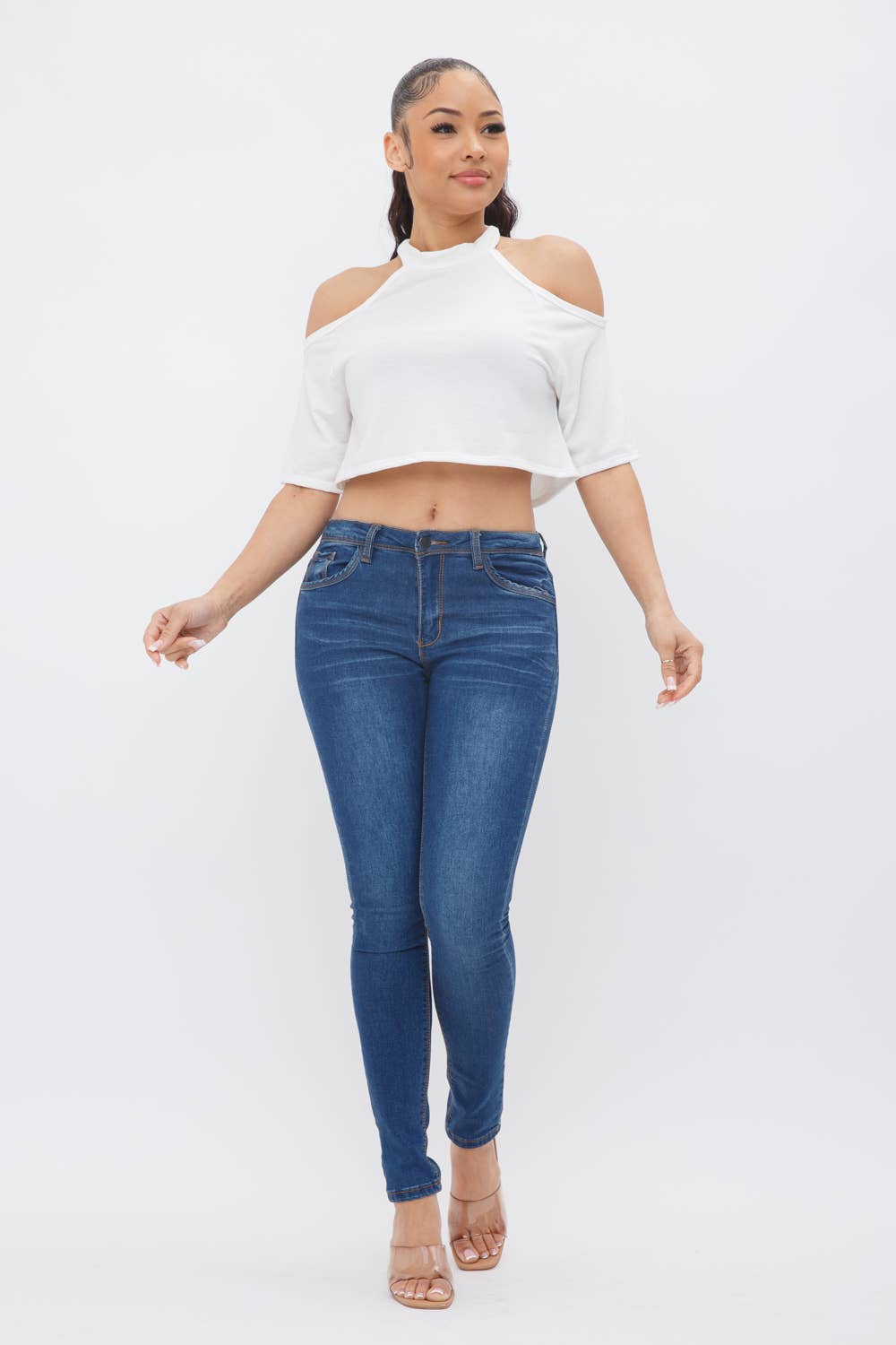 French Terry Solid Shoulder Cut Out Detail Half Sleeve Top- White