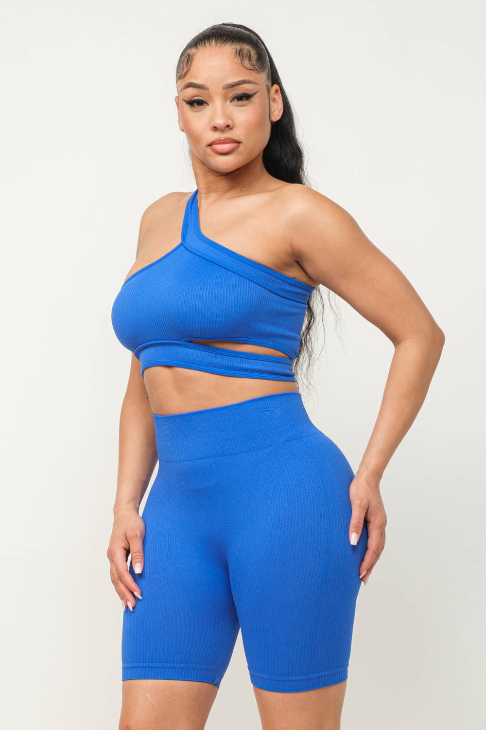 Cut Out One Shoulder Strap Top And Shorts Set: Pink