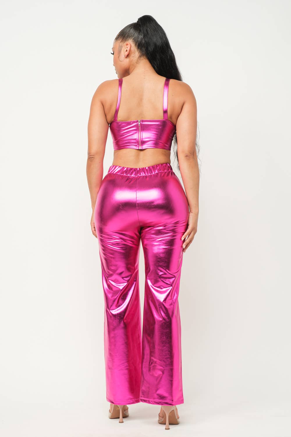 Foil Pu Corset Top And Front Button Pants Set: Fuchsia