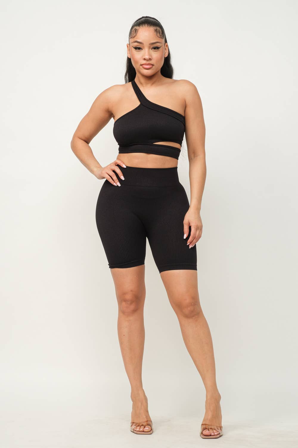 Cut Out One Shoulder Strap Top And Shorts Set: Pink