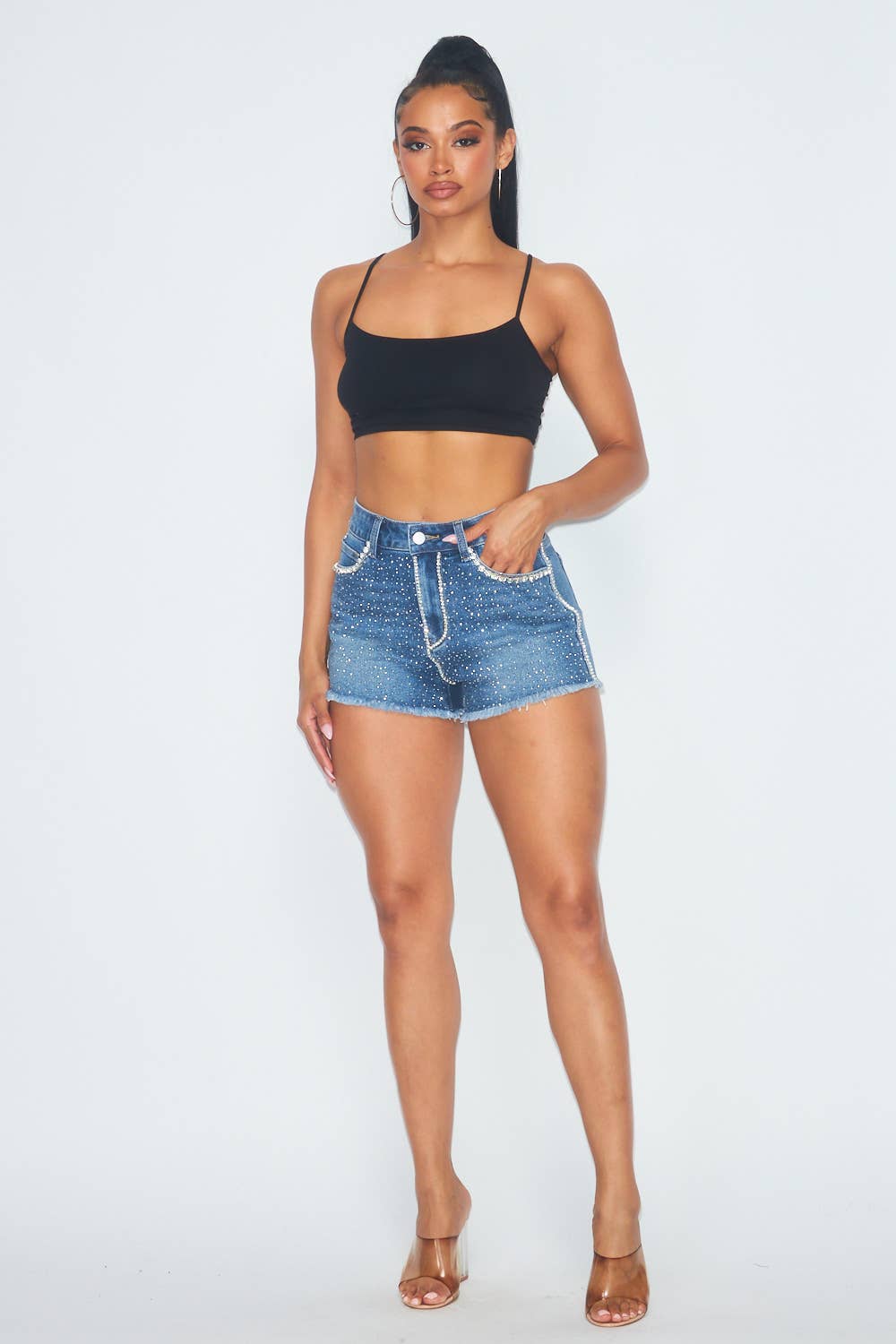 Celebrity Sparkly Rhinestone Denim Jean Shorts - Bodi Language for Women