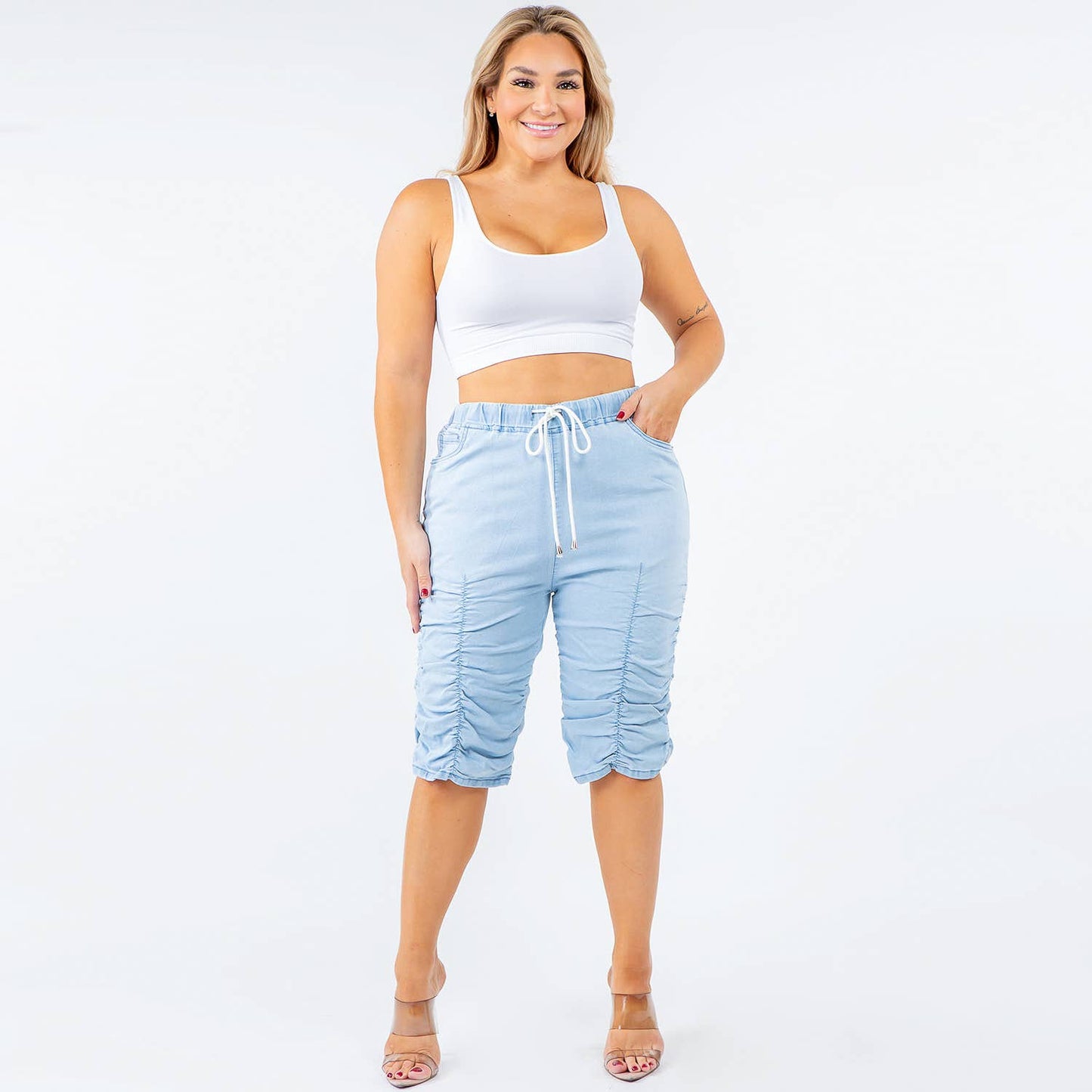 PLUS SIZE HIGH WAIST SHIRRED LEG SHORTS-LIGHT BLUE - Bodi Language for Women