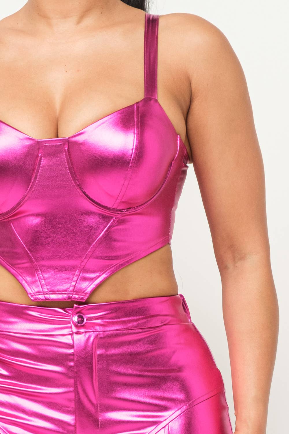 Foil Pu Corset Top And Front Button Pants Set: Fuchsia