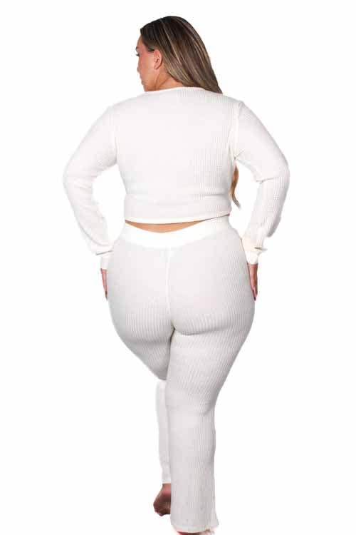 Women's Plus Front Knot Waffle Crop Top & Plus High Waist Knitted Pants Set