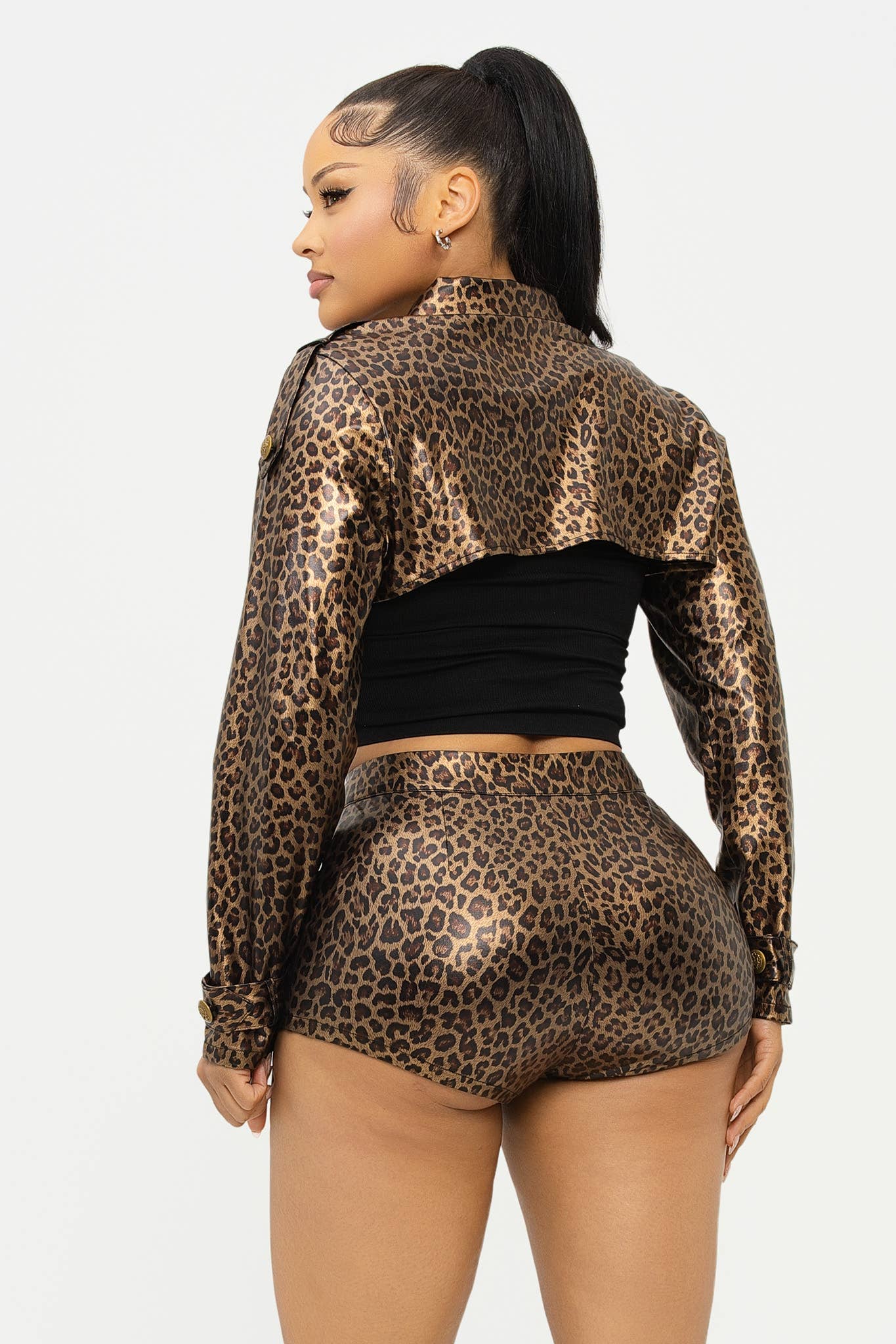 PU Animal Print Long Sleeve Crop Top And Short Sets: Brown
