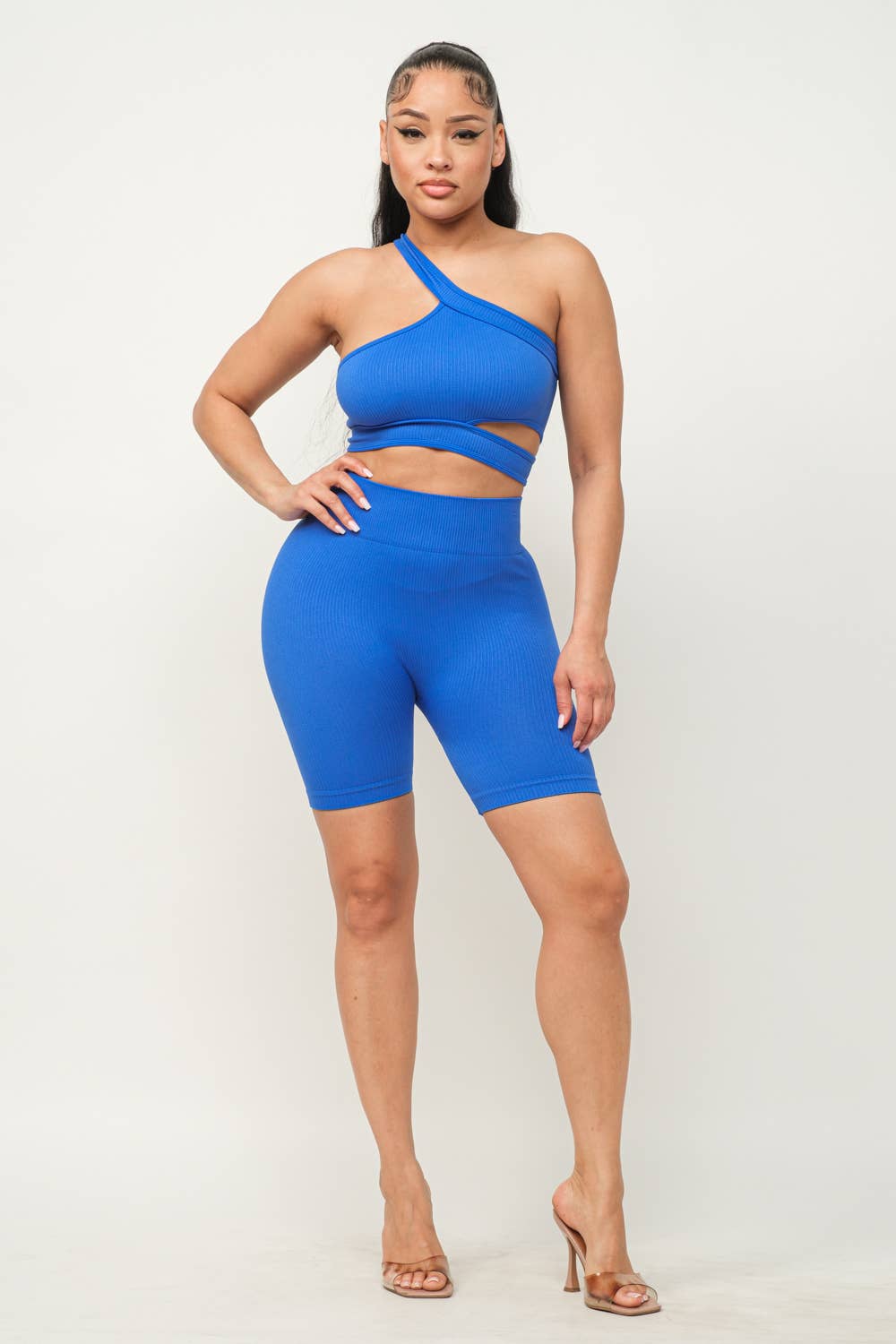 Cut Out One Shoulder Strap Top And Shorts Set: Pink
