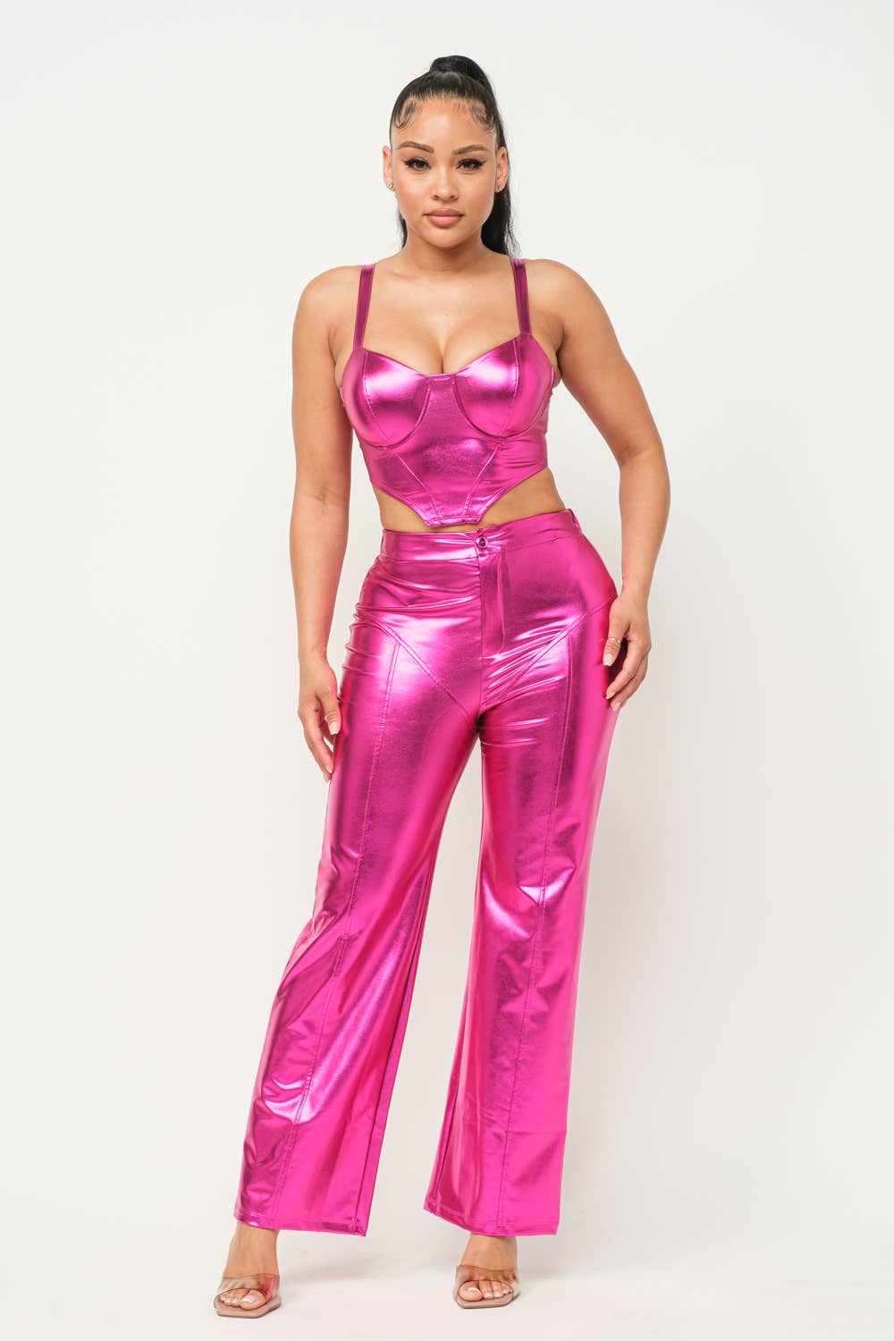 Foil Pu Corset Top And Front Button Pants Set: Fuchsia