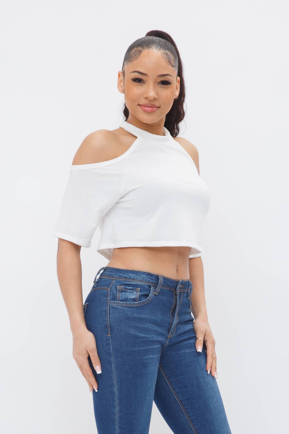 French Terry Solid Shoulder Cut Out Detail Half Sleeve Top- White