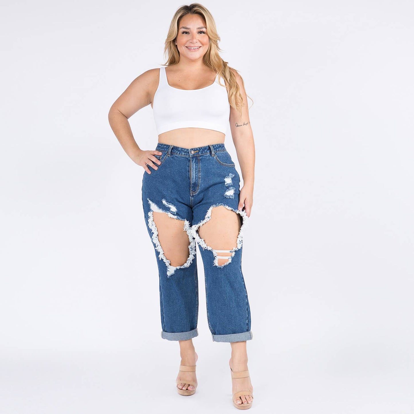 PLUS SIZE HIGH WAIST CUT OUT STRAIGHT JEANS