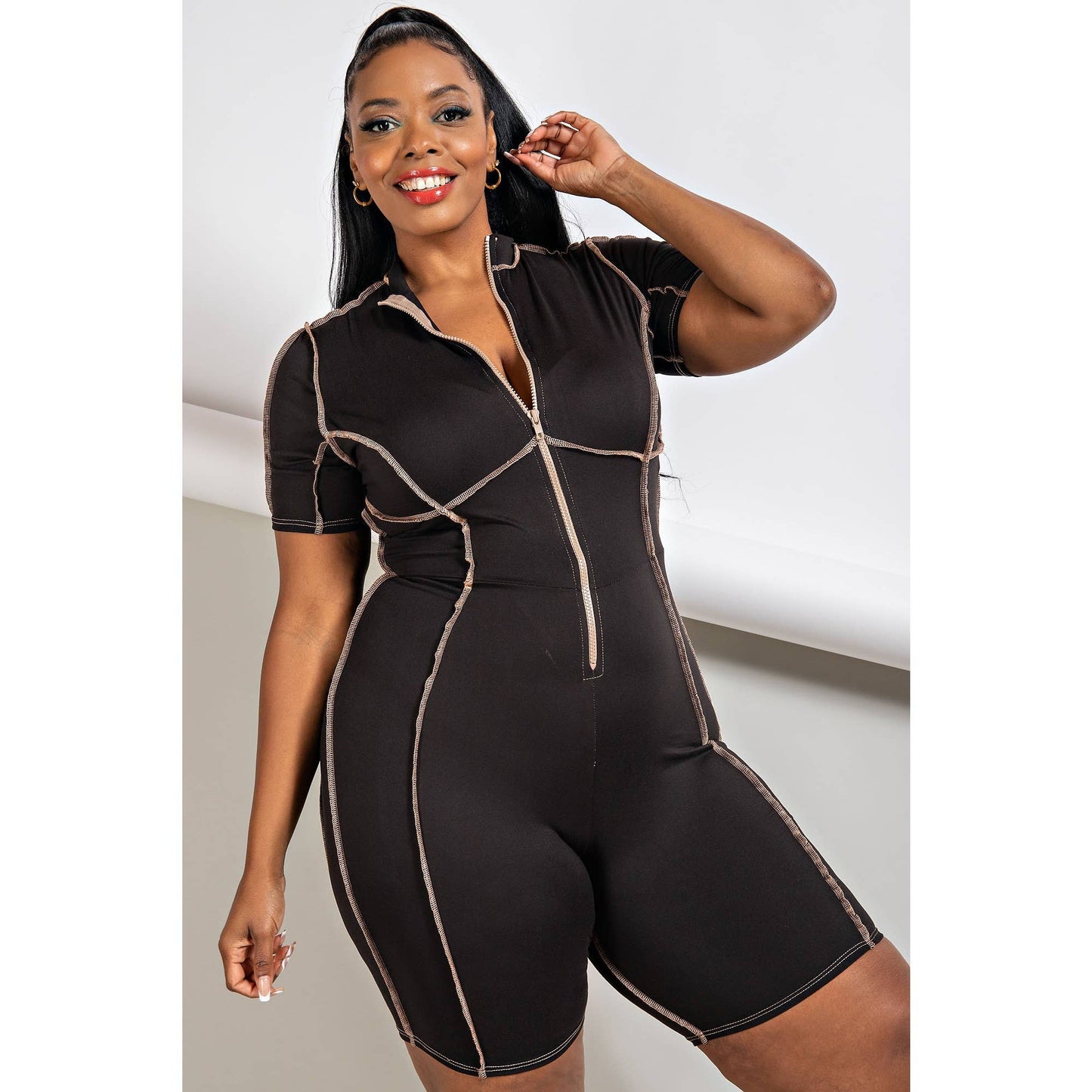 PLUS SIZE ZIP FRONT ROMPER WITH CONTRAST STITCHING - Bodi Language for Women