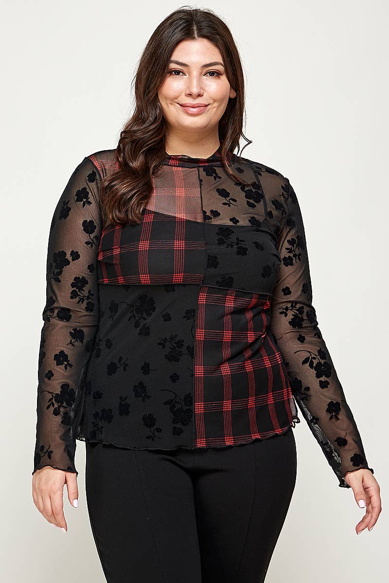 Plus Size Patchwork Mesh Mock Neck Top - Black - Bodi Language for Women