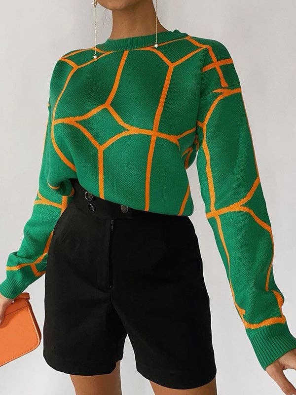 VividLux - Long Sleeves Loose Geometric Round-Neck Knitwear Pullovers Sweater Tops: GREEN / S VividLux