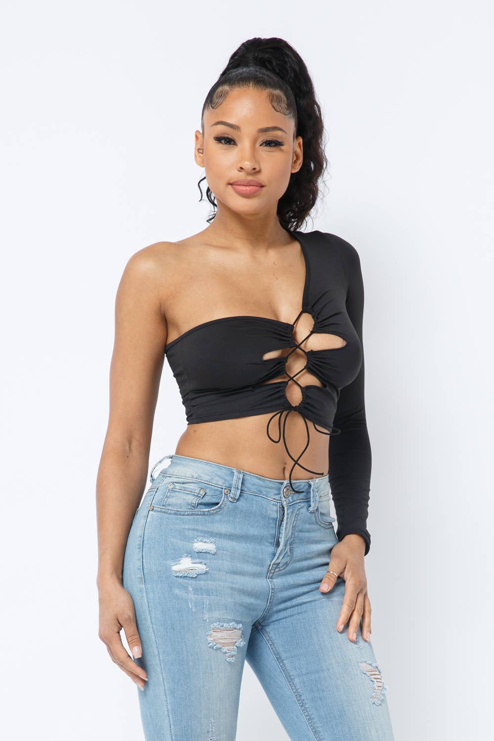 Yoga Fabric One Shoulder Front Open Tie Crop Top: Black