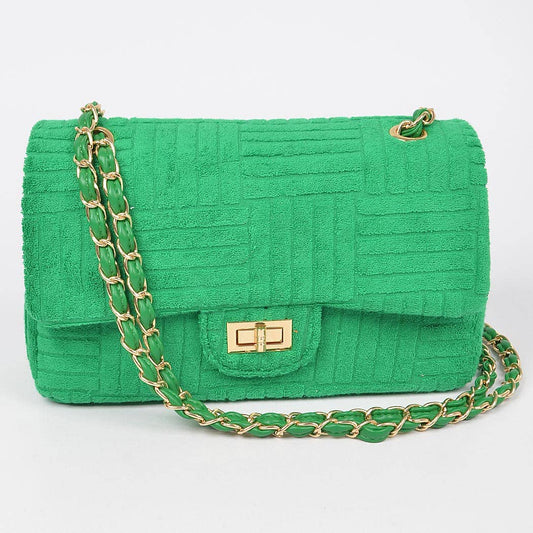 Embossed Micro Fiber Flap Shoulder Bag: Green Bodi Language for Women