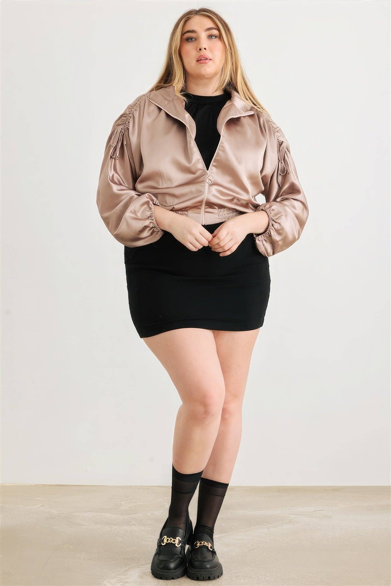 Plus Satin Zip-up Ruched Long Sleeve Cropped Bomber Jacket Bodi Language for Women