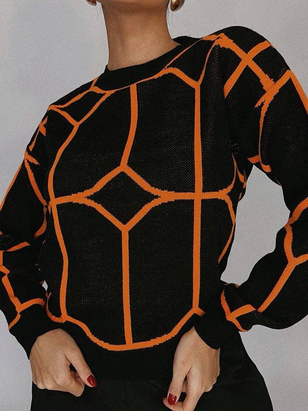 VividLux - Long Sleeves Loose Geometric Round-Neck Knitwear Pullovers Sweater Tops: BLUE / M VividLux