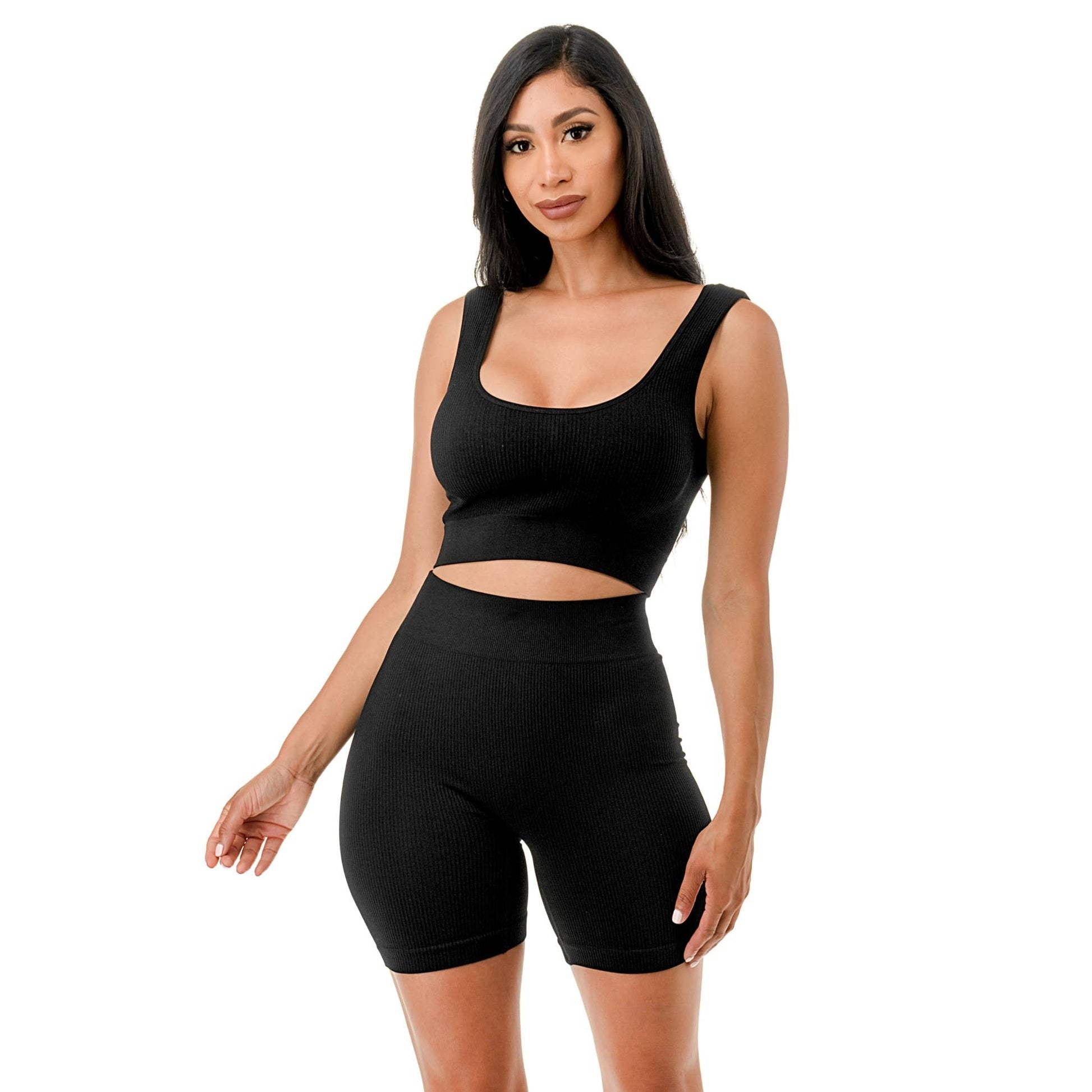 2PC Muscle Tank Sports Top Highwaist Short Set: BLACK Bodi Language for Women