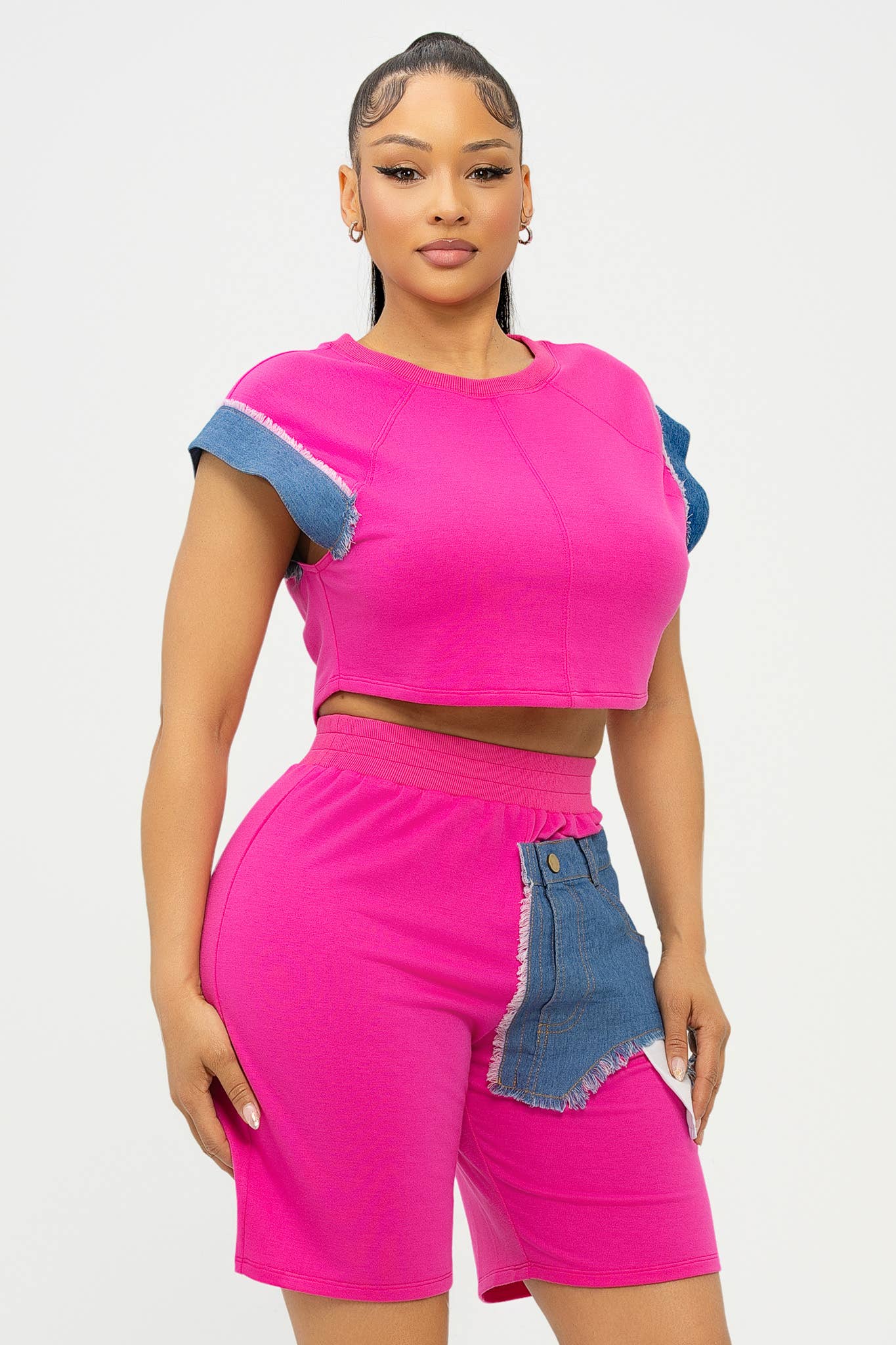 Color Block Denim Sleeve Top And Biker Shorts Set: Fuchsia-Denim