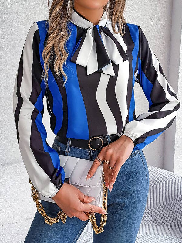 VividLux - Long Sleeves Loose Contrast Color Elasticity Striped Tied Mock Neck Blouses&Shirts Tops: BURGUNDY / M VividLux