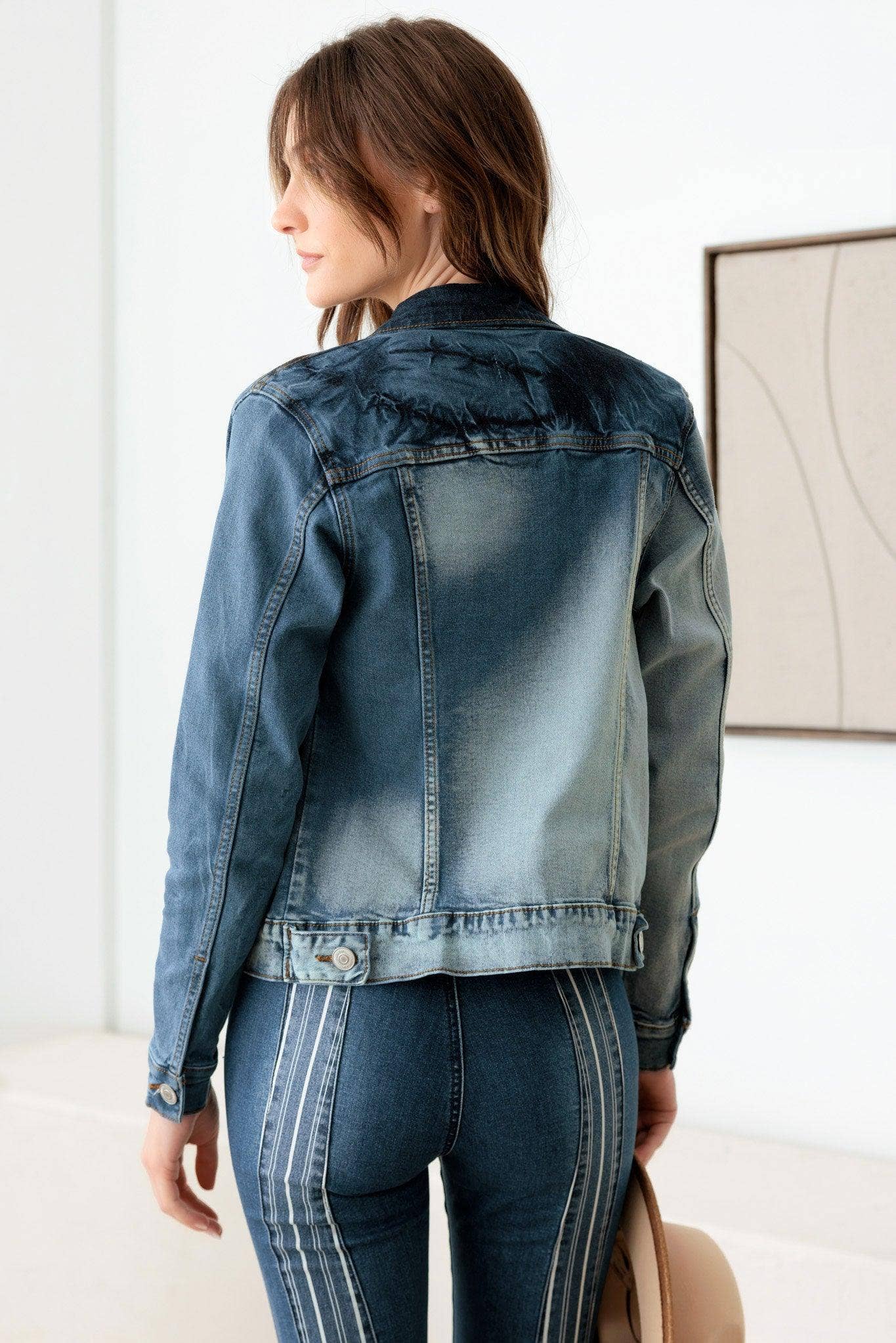 Faded Blue Front Pockets Gold Buttons Denim Jacket: Denim Wash Bodi Language for Women