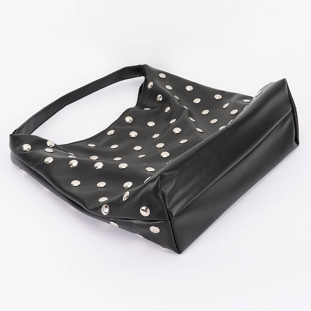 Studded Faux Leather Hobo Bag- BLK