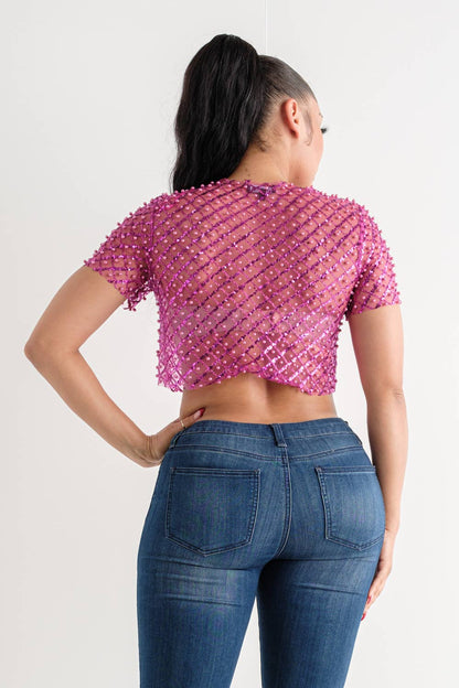 Mesh See Through All Over Pearl Beaded Sequin Top: Fuchsia