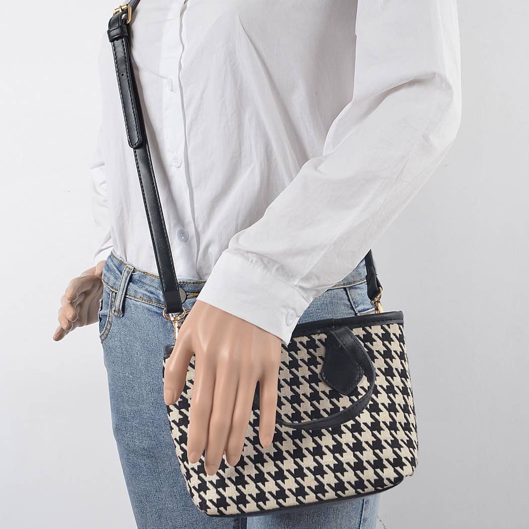 Houndstooth Tweed Small Tote Bag: Black