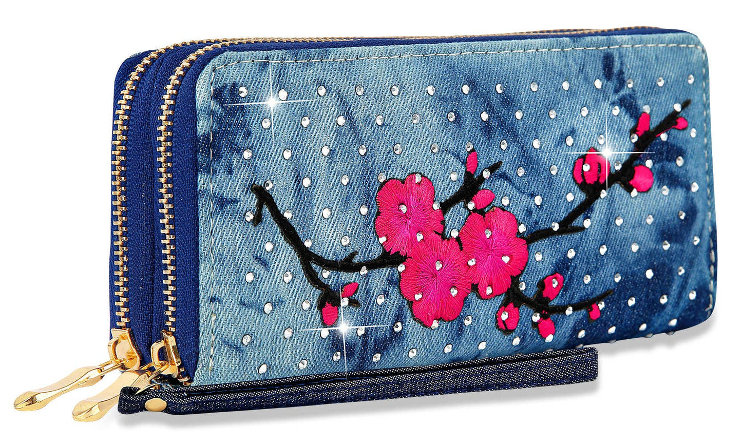 Dual Zip Rhinestone Denim Wristlet Wallet: Fuchsia Bodi Language for Women