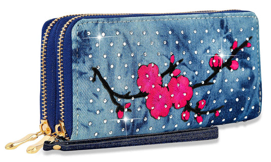 Dual Zip Rhinestone Denim Wristlet Wallet: Fuchsia Bodi Language for Women