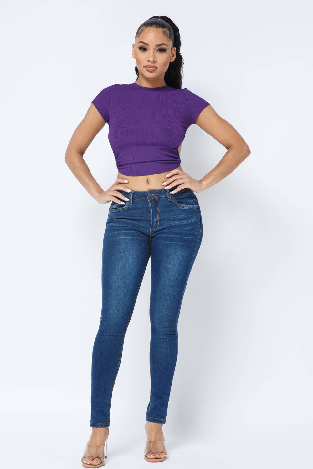 Rib Open Back String Tie Crop Top: Eggplant