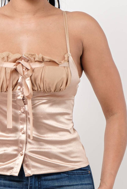 Mesh Ruched Lace Trim Front Tie Top: Taupe