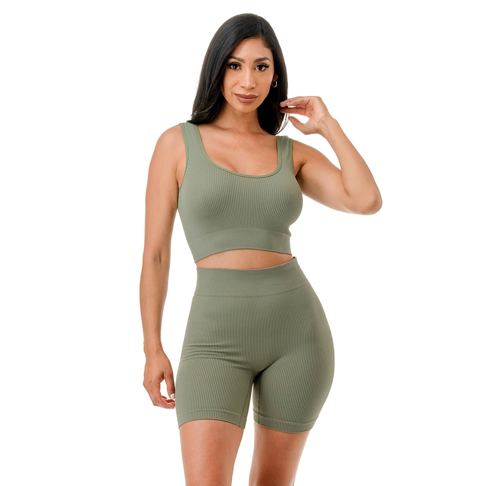 2PC Muscle Tank Sports Top Highwaist Short Set: OLIVE To Star