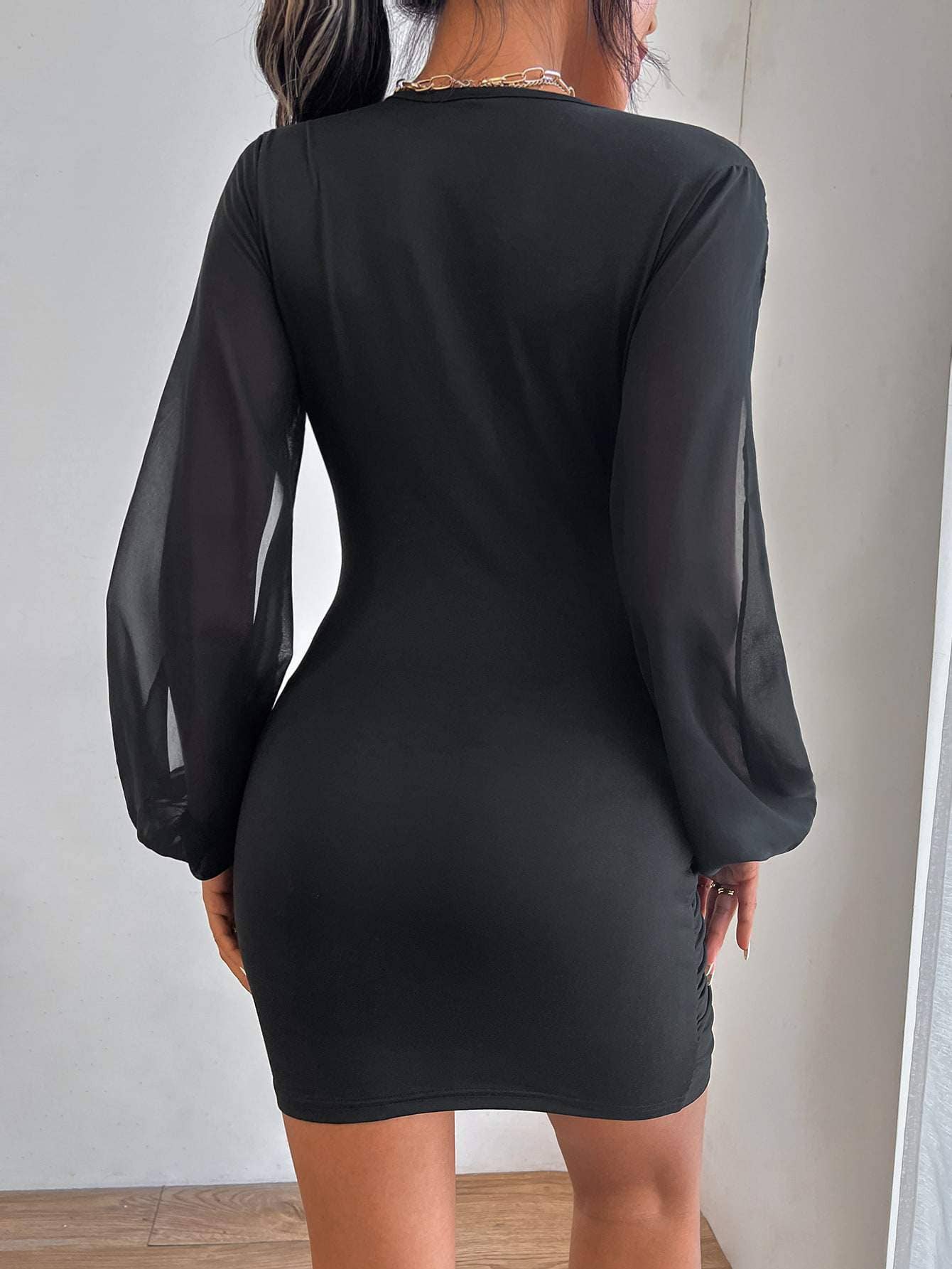 Neck split lantern sleeve ruched bodycon dress: BLACK Bodi Language for Women