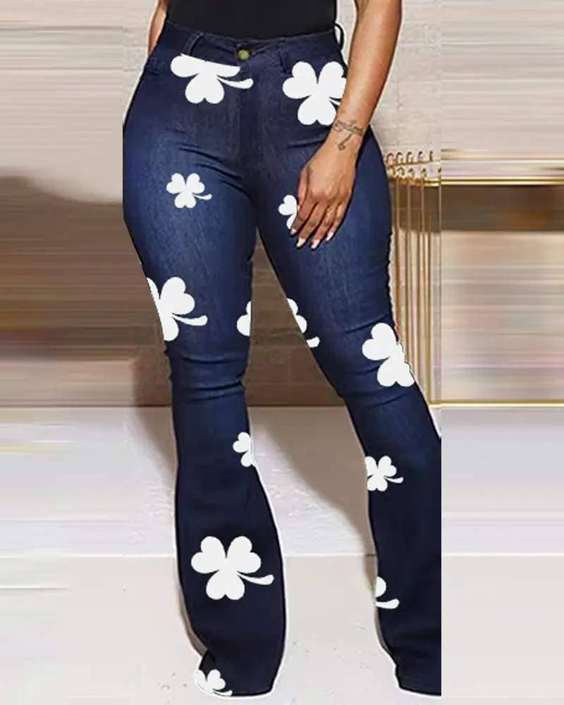 Shamrock print high waist flared leg jeans: DARK BLUE Bodi Language for Women