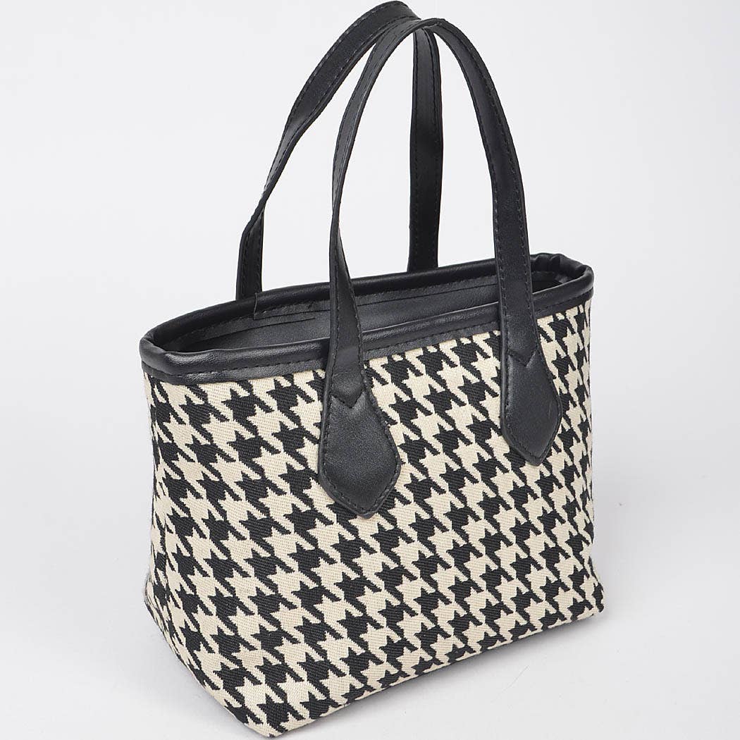 Houndstooth Tweed Small Tote Bag: Black
