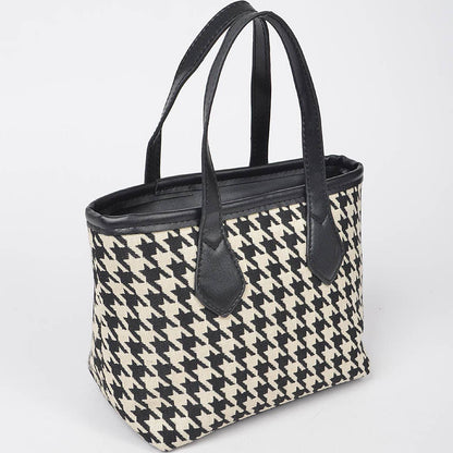 Houndstooth Tweed Small Tote Bag: Black